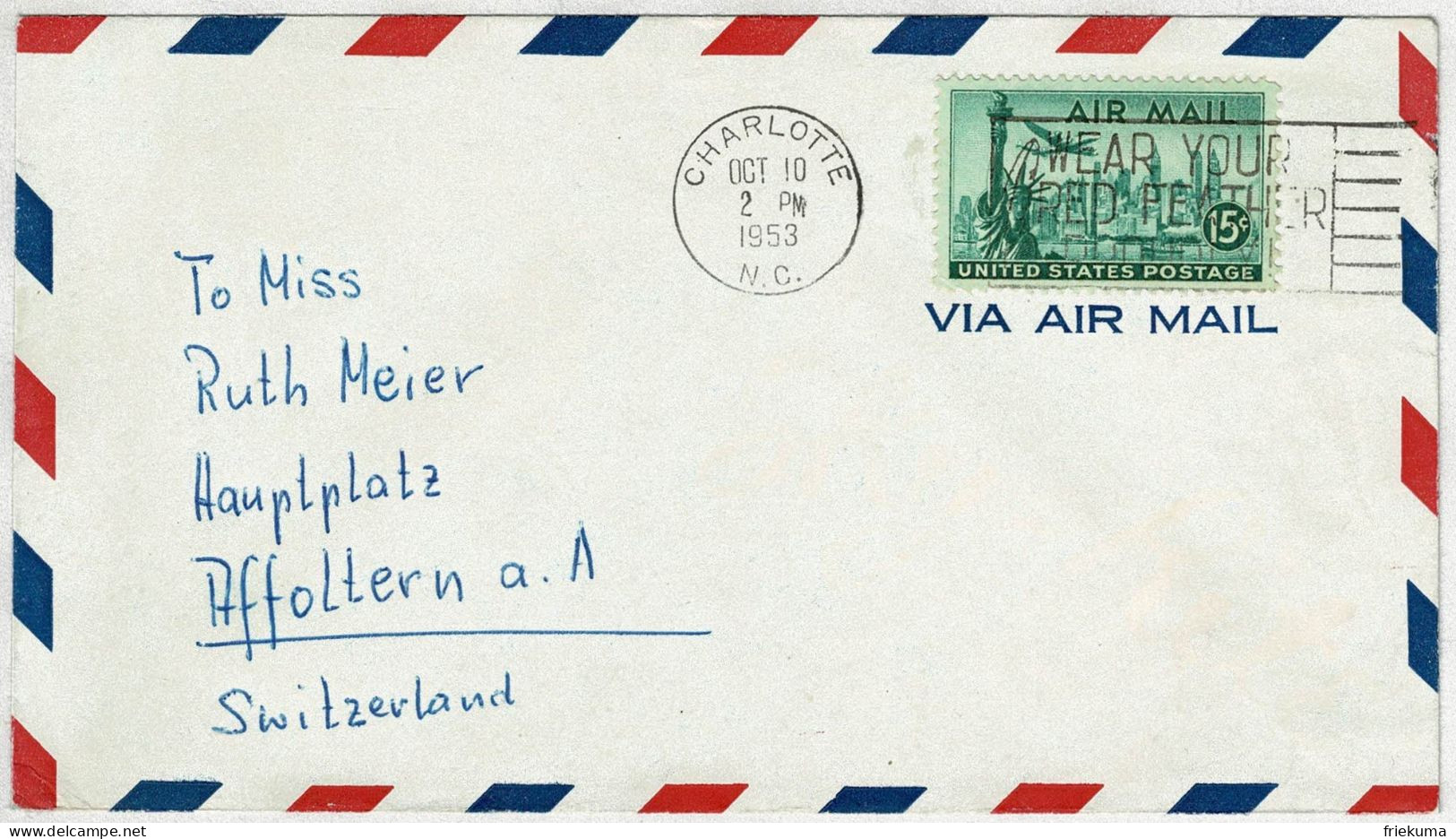 Vereinigte Staaten / USA 1953, Air Mail Charlotte - Affoltern (Schweiz) - Storia Postale
