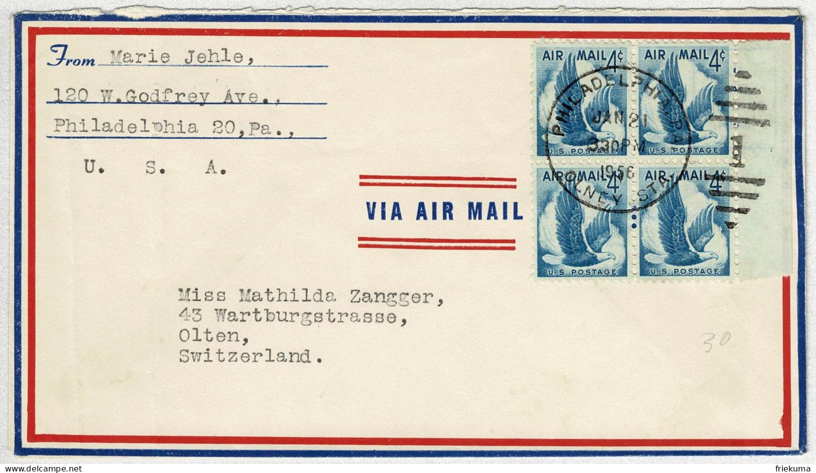 Vereinigte Staaten / USA 1956, Air Mail Philadelphia - Olten (Schweiz), Mehrfachfrankatur Seeadler / Eagle - Lettres & Documents