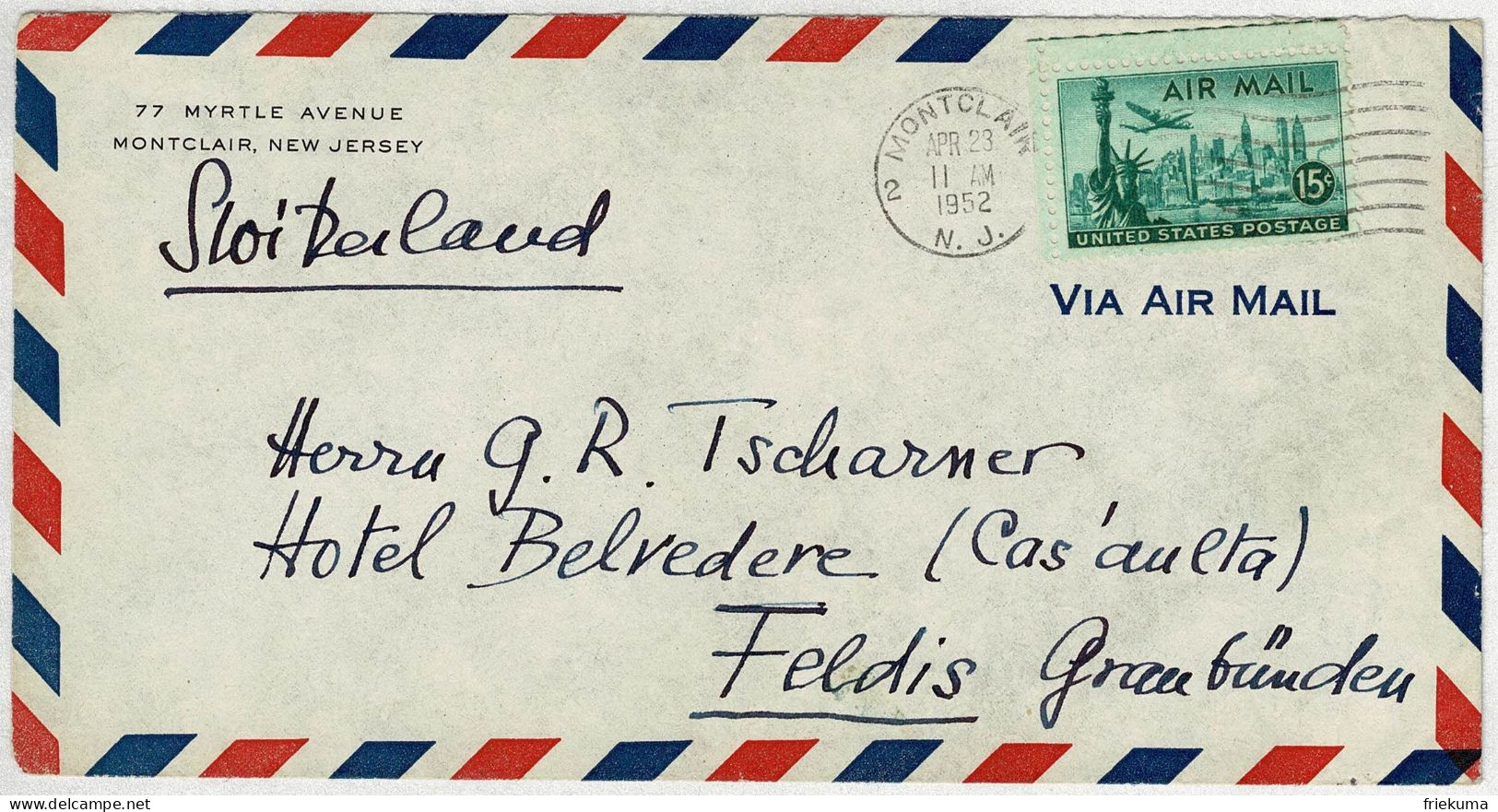 Vereinigte Staaten / USA 1952, Air Mail Montclair - Feldis (Schweiz) - Cartas & Documentos