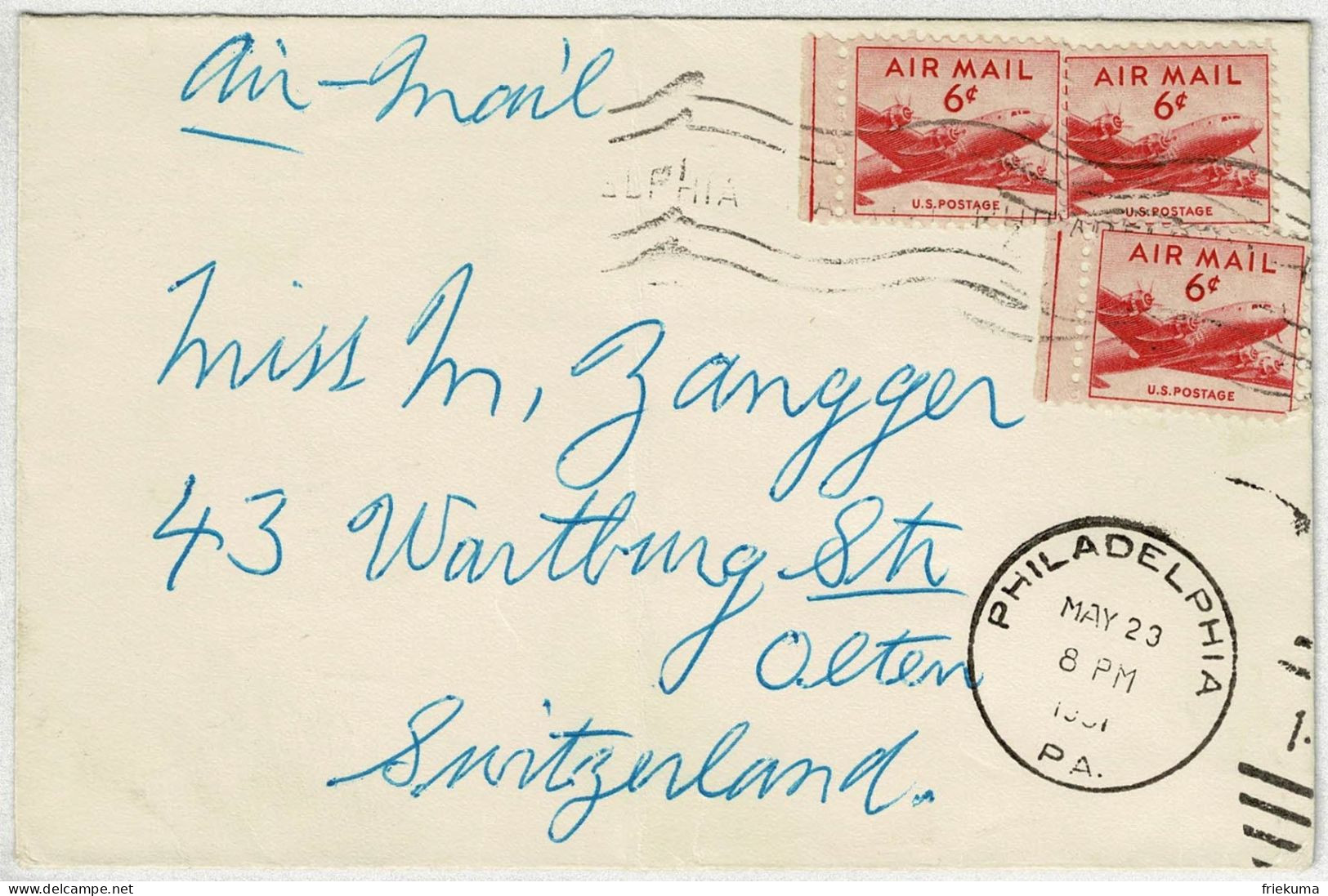 Vereinigte Staaten / USA 1951, Air Mail Philadelphia - Olten (Schweiz), Mehrfachfrankatur Douglas DC-4 - Storia Postale