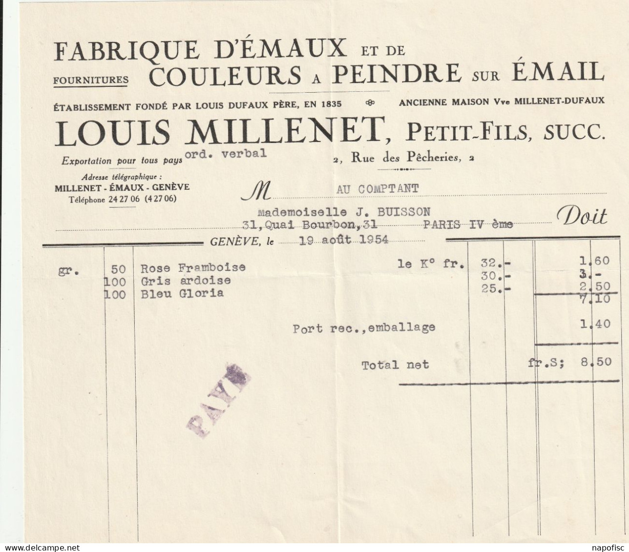 119-L.Millenet..Fabrique D'Emaux & De Couleurs à Peindre Sur Email....Genève.Suisse...1954 - Suisse
