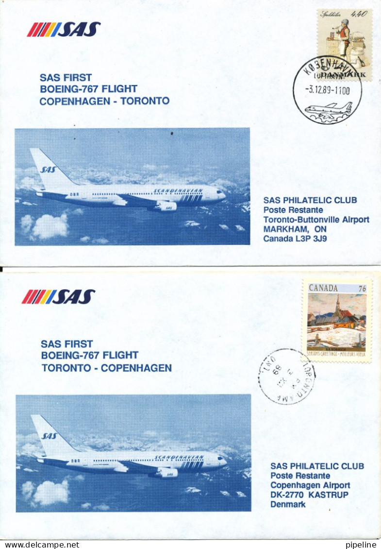 Denmark - Canada SAS First Boeing 767 Flight Copenhagen - Toronto 3-12-1989 And Return 3-9-1989 2 Covers - Cartas & Documentos