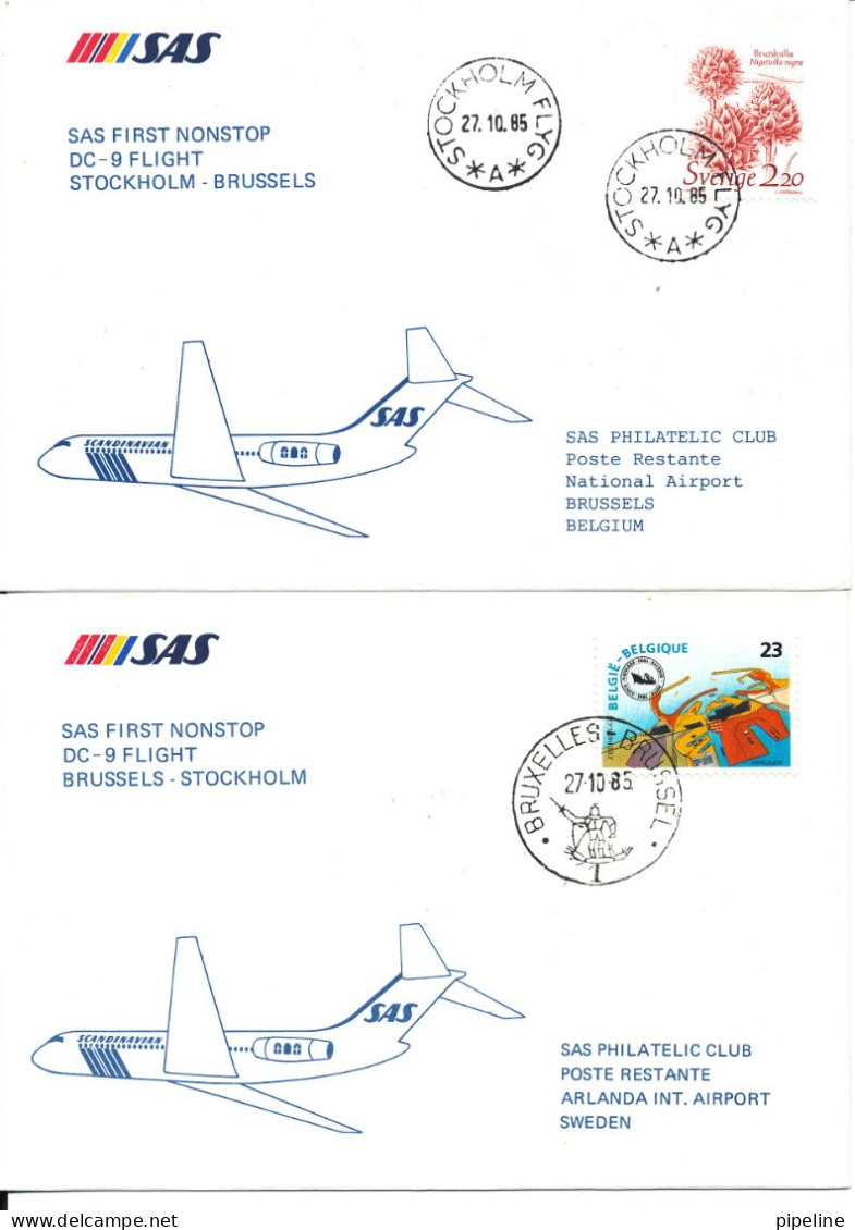 Sweden Belgium SAS First Flight Stockholm - Brussels 27-10-1985 And Return 27-10-1985 2 Covers - Covers & Documents