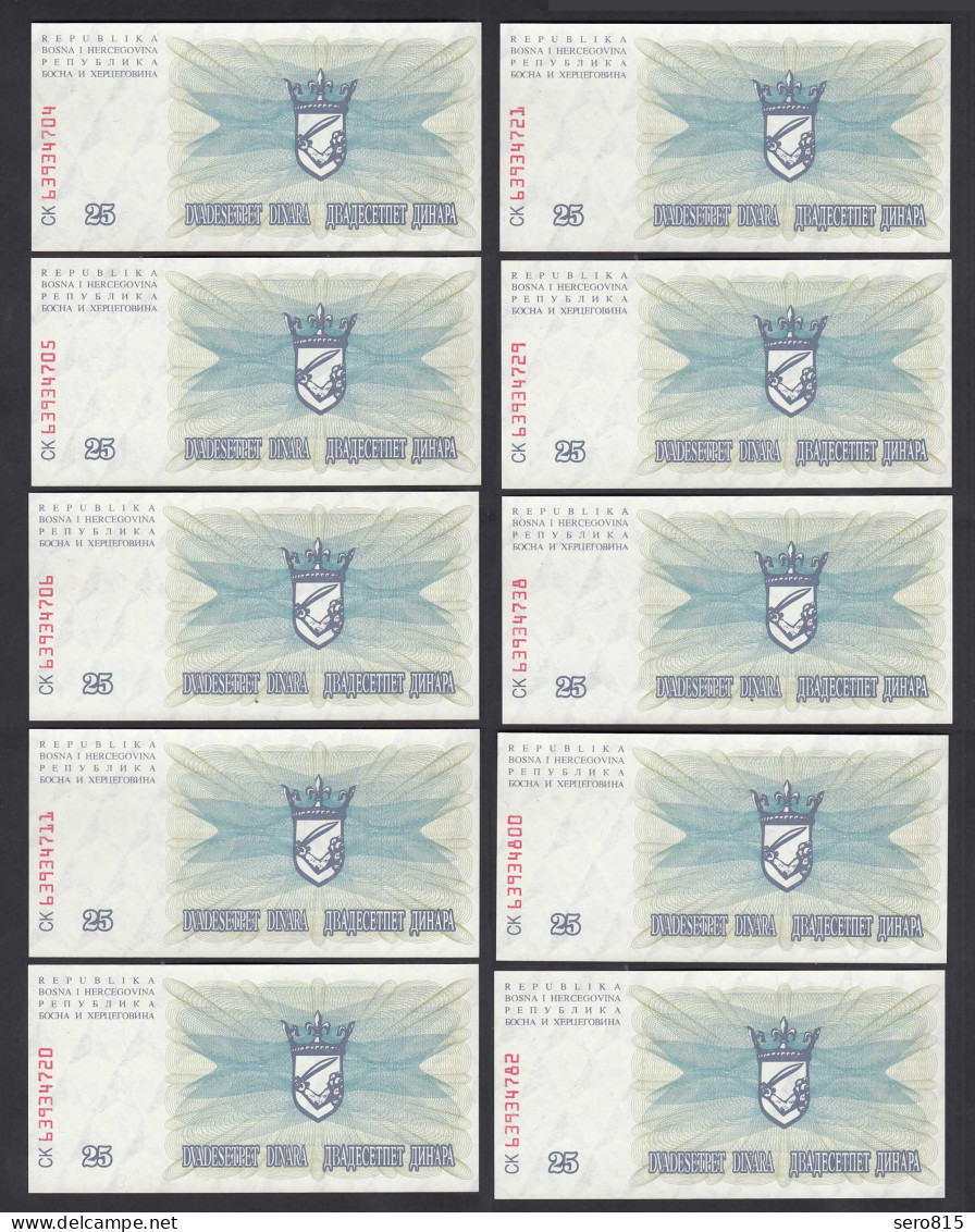 Bosnien-Herzegowina - 10 Stück á 25 Dinara 1992 Pick 11a UNC (1)    (89059 - Bosnia And Herzegovina