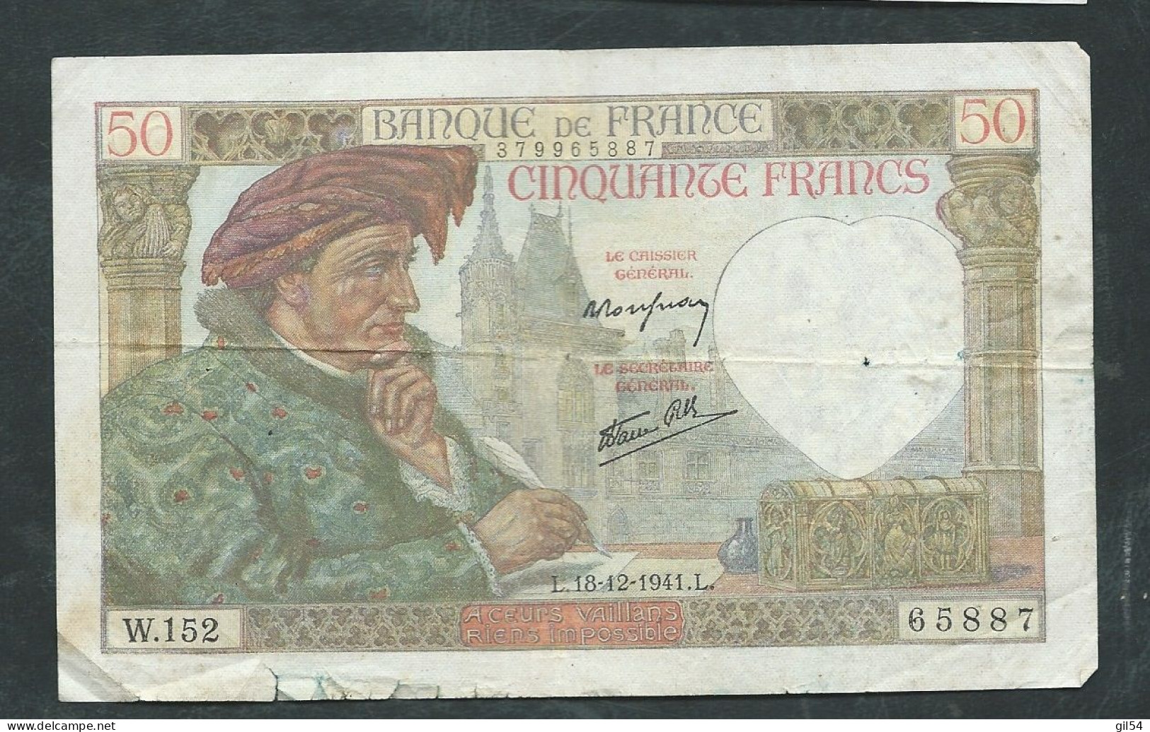 BILLET FRANCE  50 FRANCS Jacques Coeur L.18-12-1941.L , W.152 65887 Laura 7421 - 50 F 1940-1942 ''Jacques Coeur''