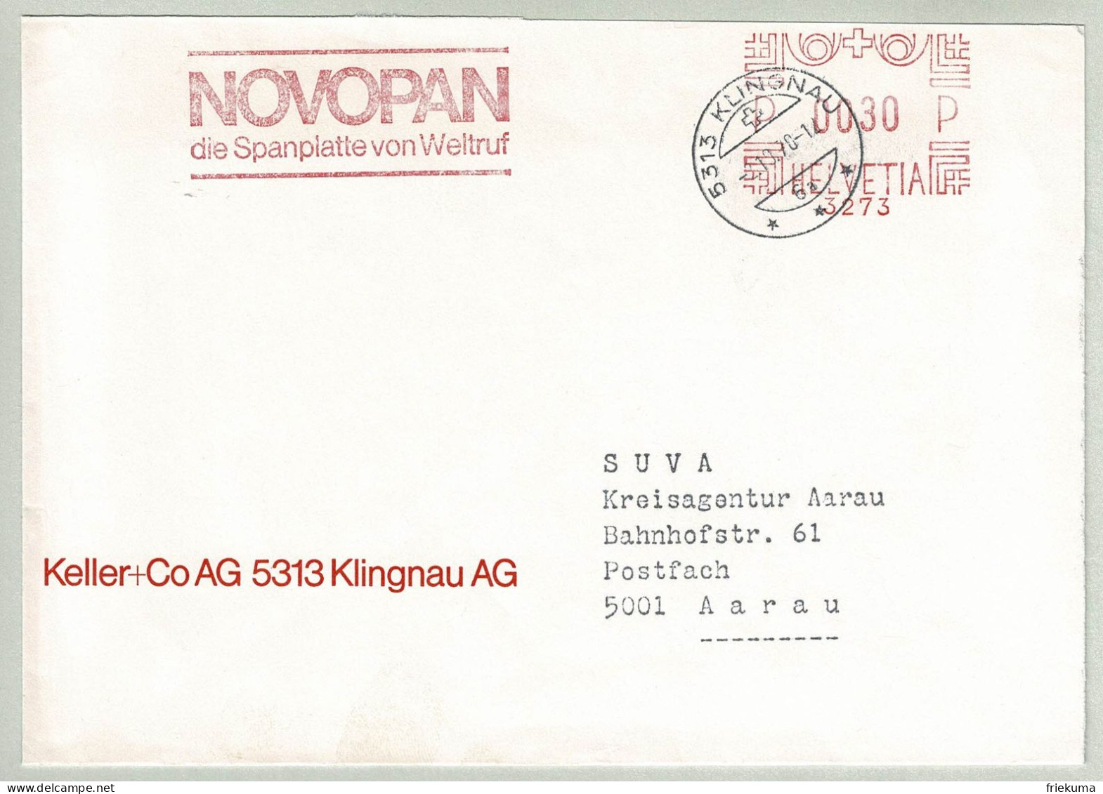 Schweiz / Helvetia 1970, Brief Freistempel / EMA / Meterstamp Keller+Co Klingnau - Aarau, Spanplatte Novopan - Fabrieken En Industrieën