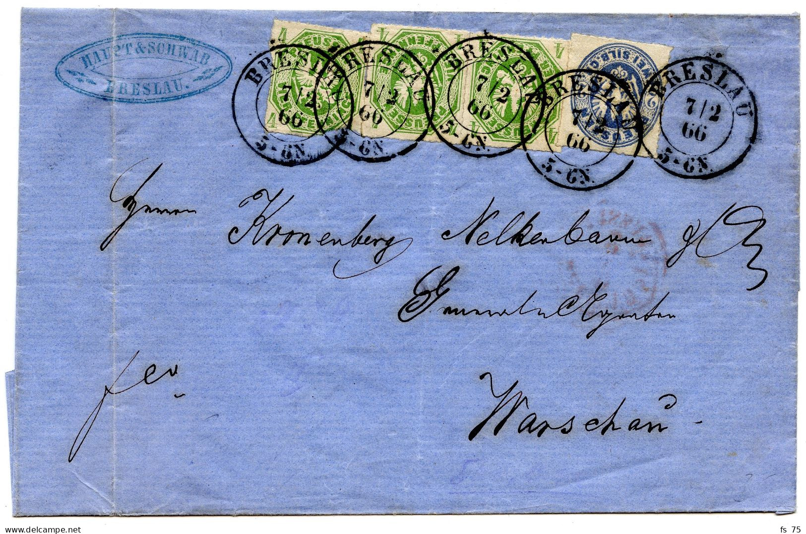 ALLEMAGNE - 2 SILB + 4 PFG. X3 SUR LETTRE DE BRESLAU POUR VARSOVIE, 1866 - Cartas & Documentos