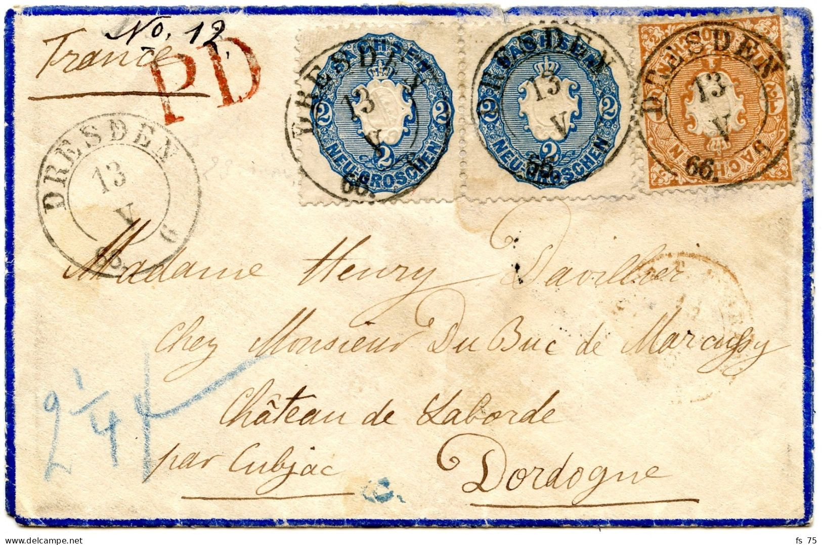 ALLEMAGNE - 1/2 + 2 NG X2 SUR LETTRE DE DRESDE POUR LA FRANCE, 1866 - Sachsen