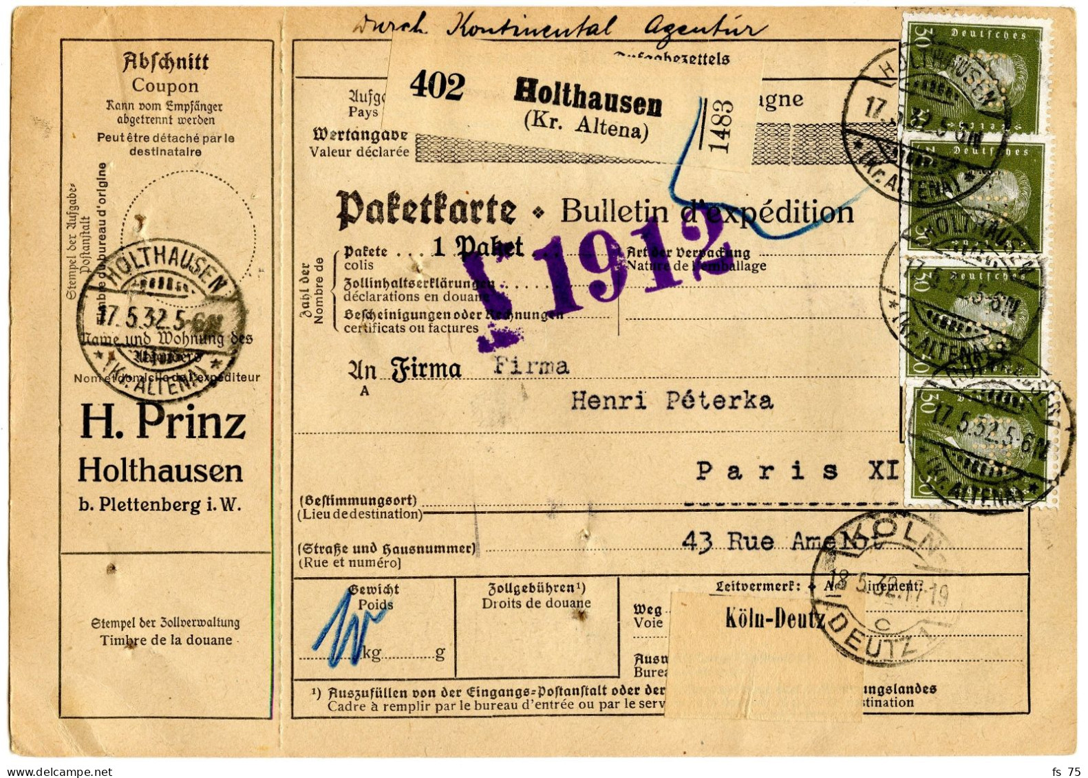 ALLEMAGNE - 30 PFGX12 PERFORES H P SUR PAKETKARTE POUR PARIS, 1932 - Cartas & Documentos