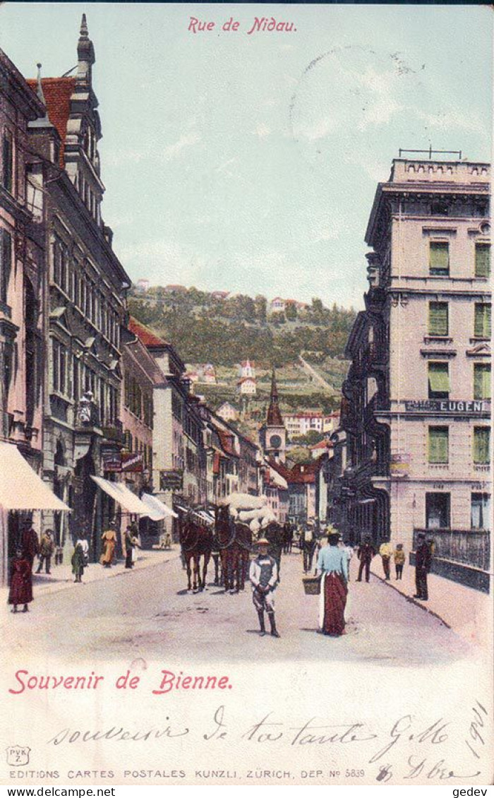 Souvenir De Bienne, Rue De Nidau, Attelage Et Animé (9.11.1901) - Bienne