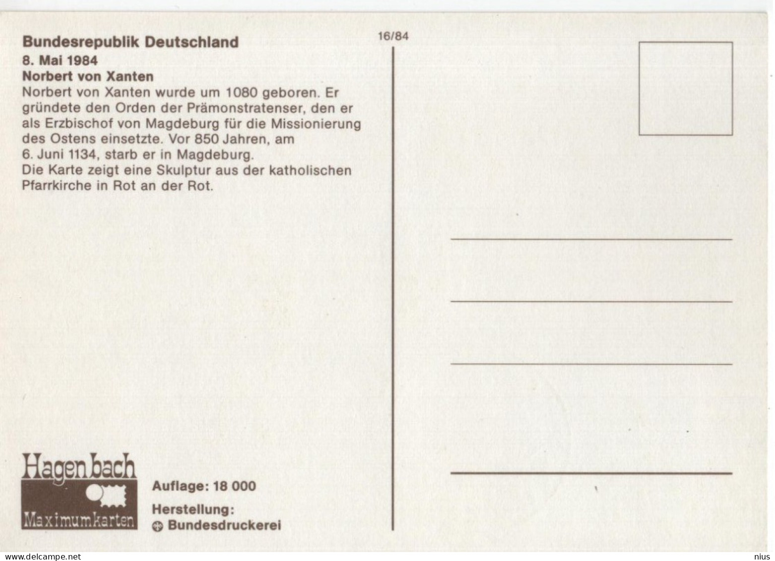 Germany Deutschland 1984 Maximum Card, Hl. Norbert Von Xanten, Canceled In Bonn - 1981-2000