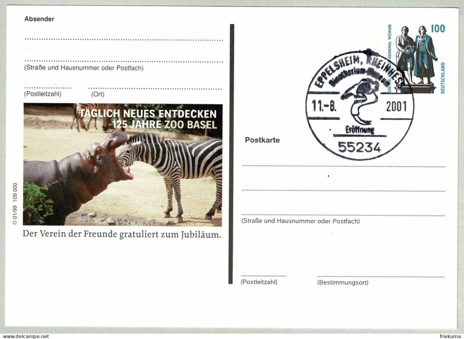 Deutschland 2001, Bildpostkarte Zoo Basel Eröffnung Dinotherium Museum Eppelsheim, Nilpferd, Zebra - Fossilien