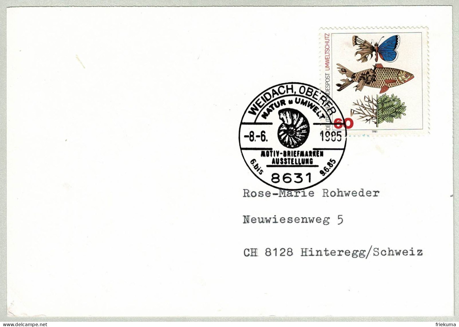 Deutsche Bundespost 1985, Postkarte Weidach - Hinteregg (Schweiz), Ammonshorn / Ammonoidea - Fossilien