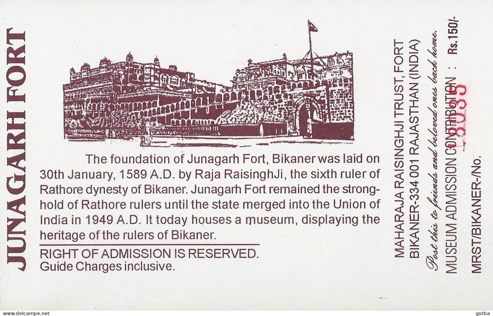 *INDE - RAJASTHAN - JODHPUR - Ticket D'entrée Pour Visite Du Fort Mehrangarh - Tickets D'entrée