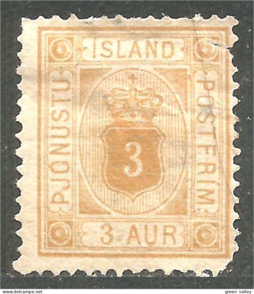 496 Iceland Official Service 1876 3 Aur Yellow Jaune Perf 14 (ISL-354) - Dienstmarken