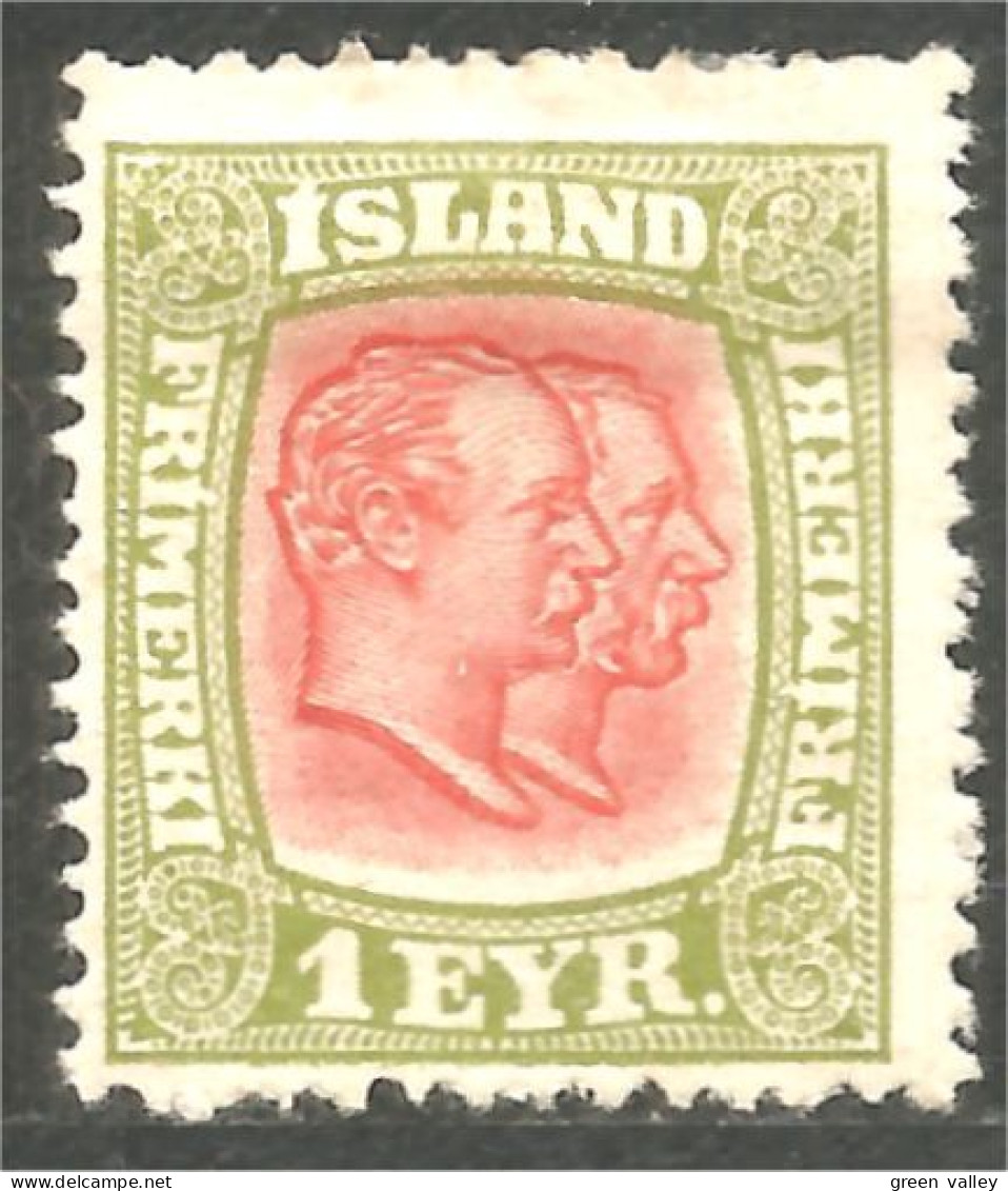 496 Iceland 1914 Christian IX Frederik VIII 1 Eyr Perfo 14 MH * Neuf (ISL-343) - Neufs