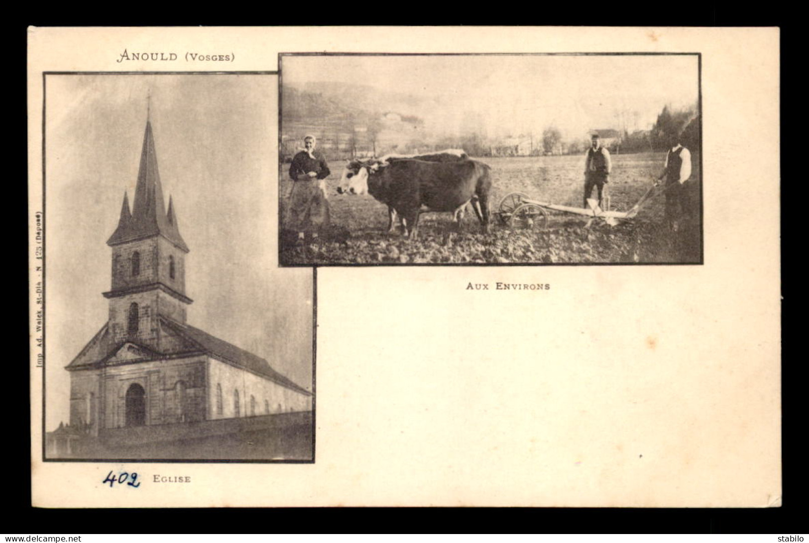 88 - ANOULD - 2 VUES - L'EGLISE ET TRAVAUX AGRICOLE - ATTELAGE DE BOEUFS - Anould