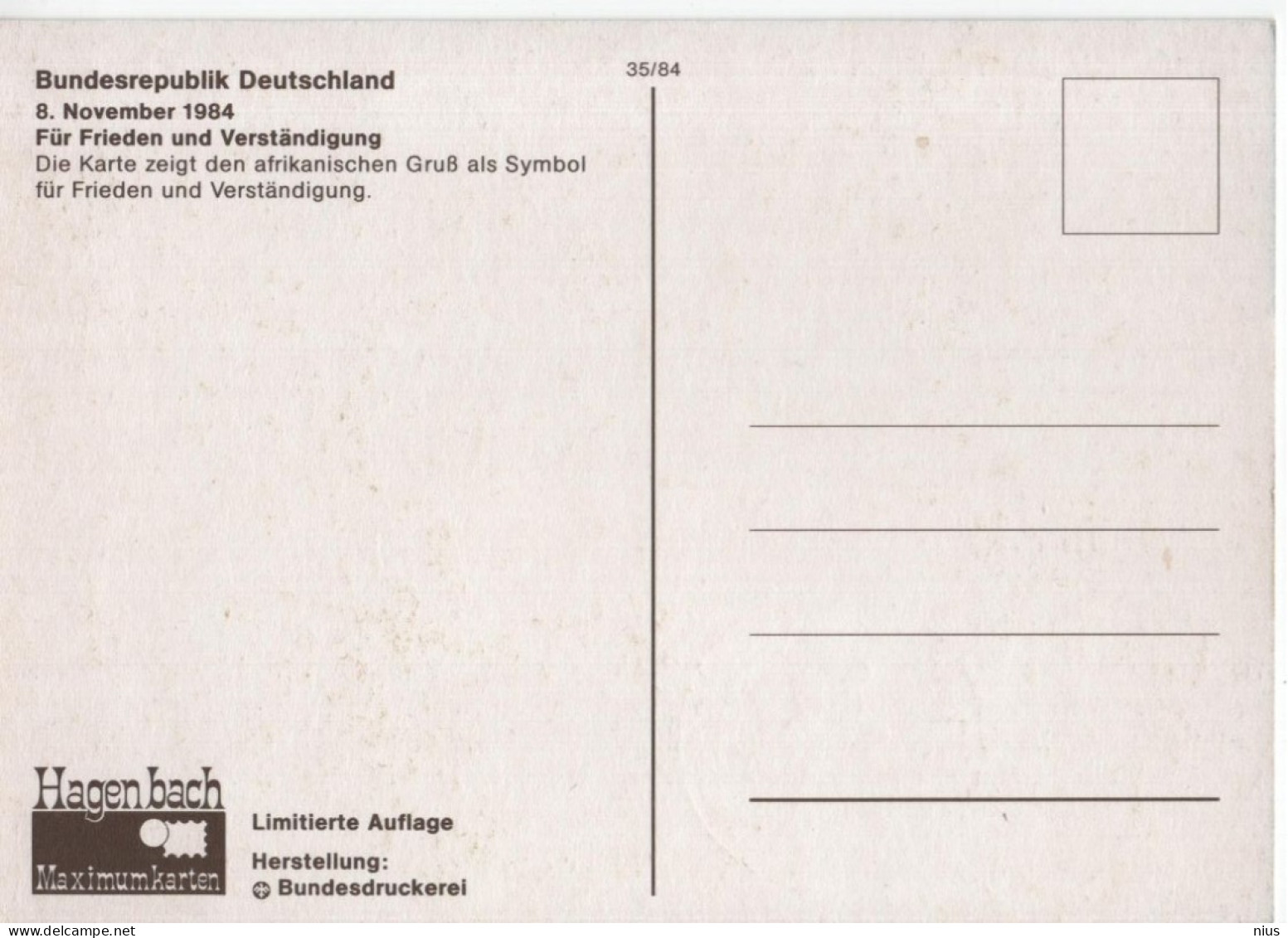 Germany Deutschland 1984 Maximum Card, Fur Frieden Und Verstandigung, For Peace And Understanding, Canceled In Bonn - 1981-2000