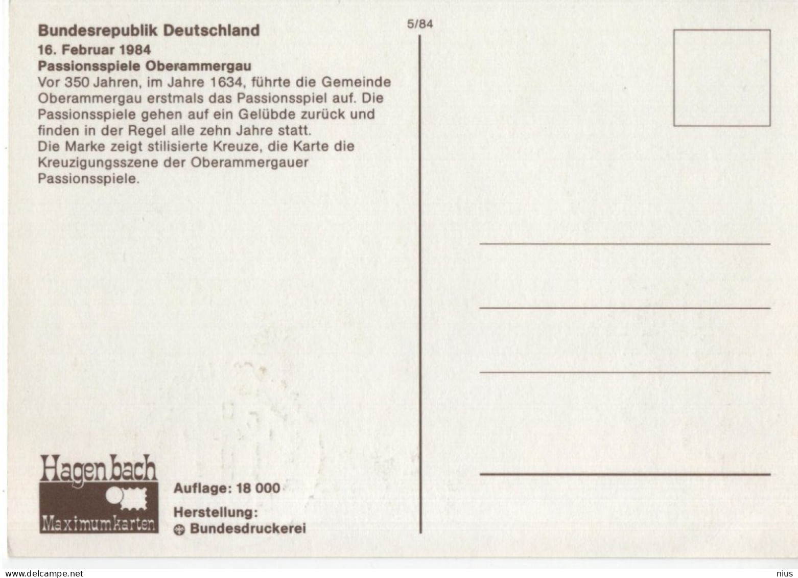 Germany Deutschland 1984 Maximum Card, 350 Jahre Passionsspiele Oberammergau, Canceled In Bonn - 1981-2000