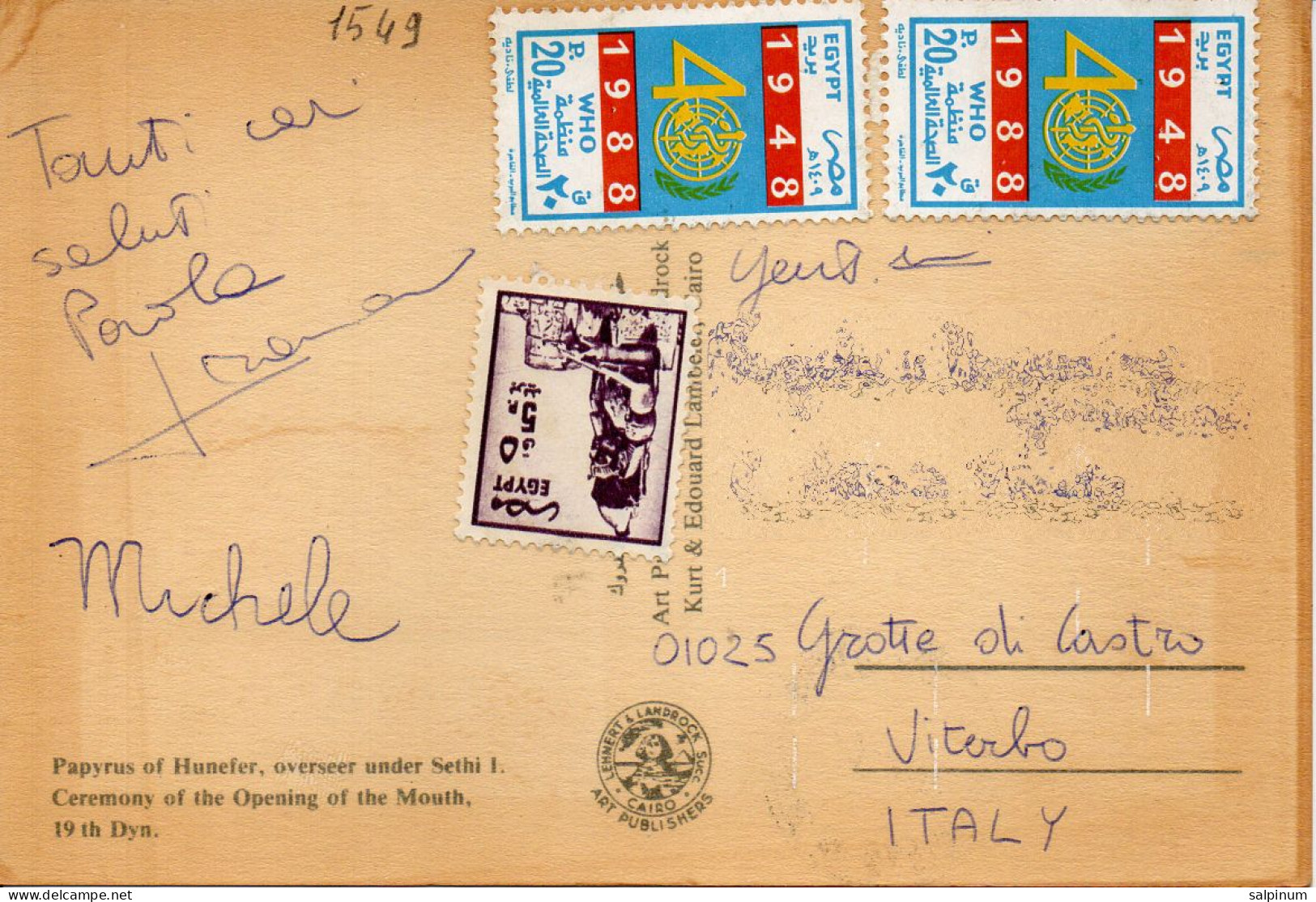 Philatelic Postcard With Stamps Sent From EGYPT To ITALY - Brieven En Documenten