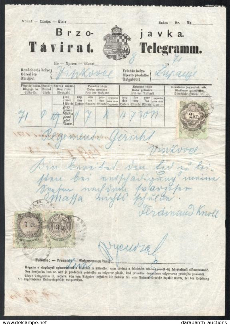 1871 Horvát-magyar Nyelvű Távirat 2kr + 3kr + 7kr Határőrvidék Okmánybélyegekkel "VINKOVCE" - Zupanje, Nagy Ritkaság - Other & Unclassified