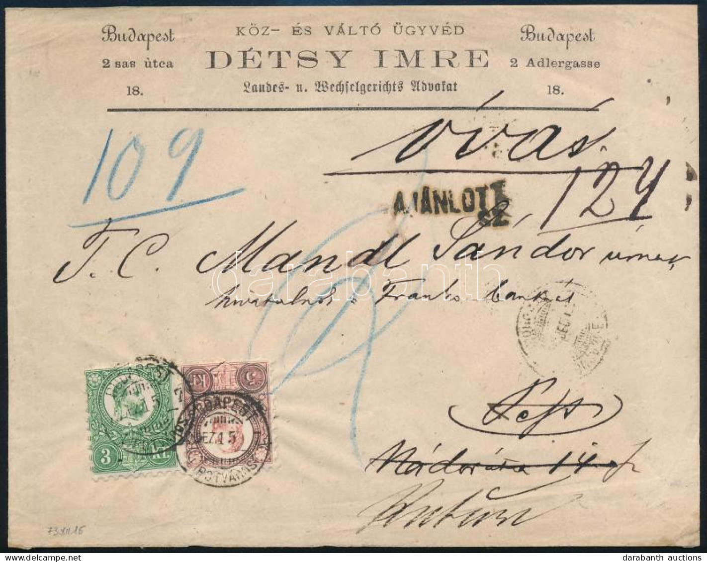 1873 Ajánlott Helyi Levél Réznyomat 3kr + 5kr Bérmentesítéssel "BUDAPEST / LIPÓTVÁROS" - Otros & Sin Clasificación