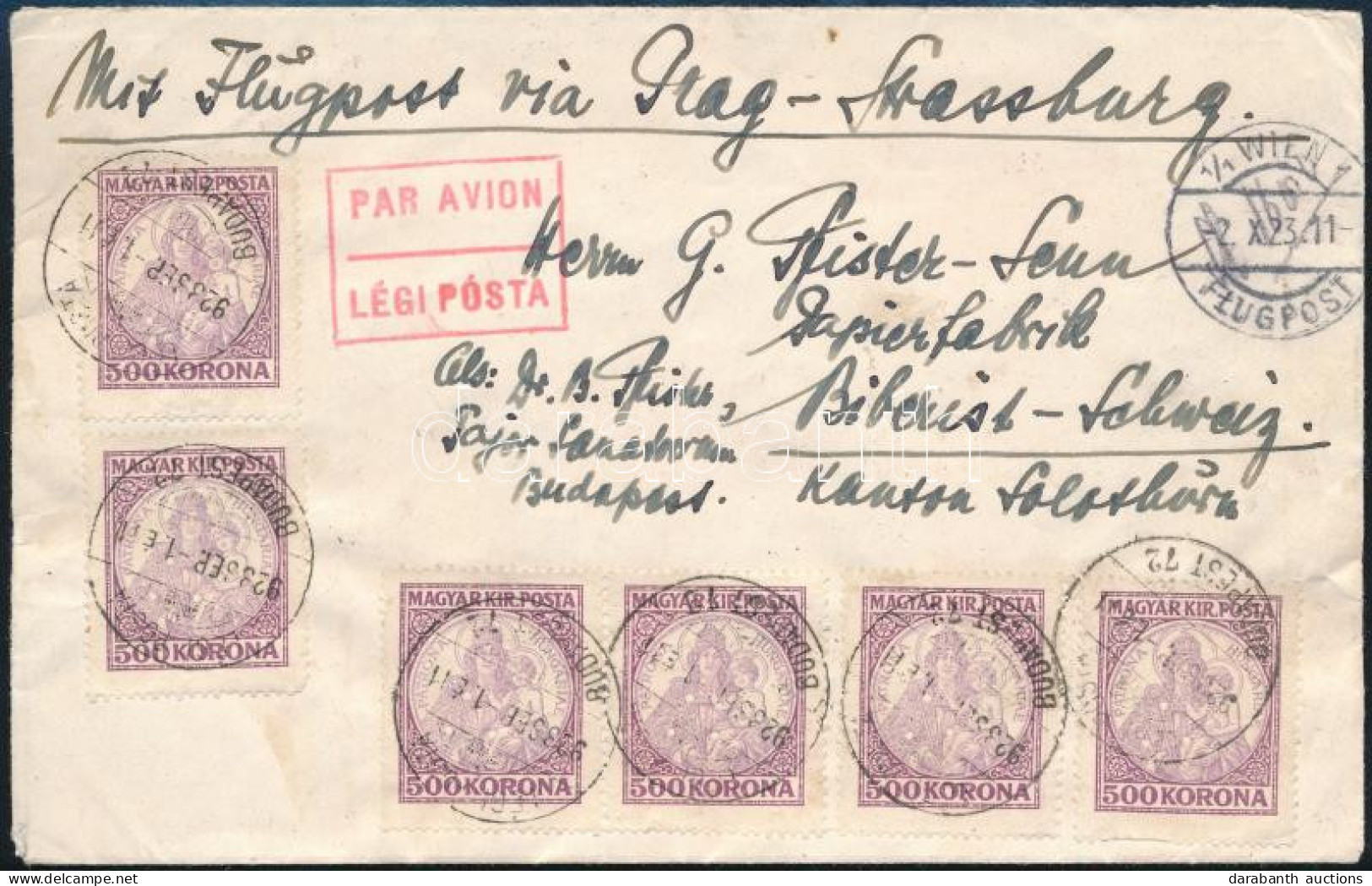 1923 Légi Levél 7 Db Hármas Lyukasztású Koronás Madonna 500K + 10 X Parlament 50K Bérmentesítéssel, Piros Légi Posta Bél - Sonstige & Ohne Zuordnung