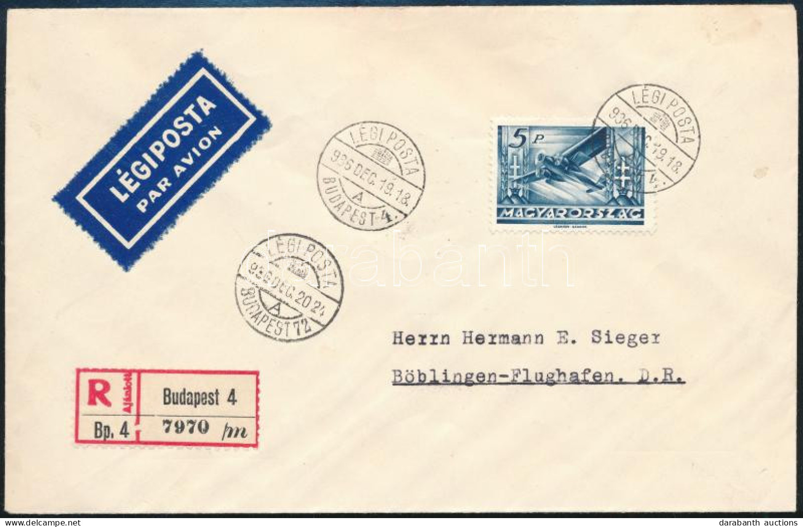 1936 Ajánlott Légi Levél Repülő 5P Bérmentesítéssel "BUDAPEST" - "BÖBLINGEN" (Németország) - Other & Unclassified