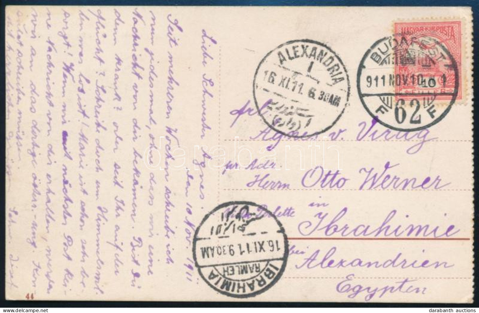 1911 Képeslap Turul 10f Bérmentesítéssel "BUDAPEST" - "IBRAHIMIA" - "ALEXANDRIA" - Sonstige & Ohne Zuordnung