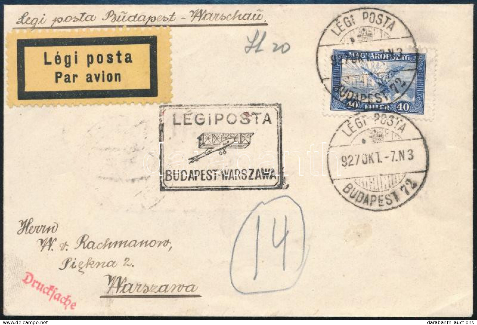 1927 Légiposta Nyomtatvány "BUDAPEST - WARSZAWA" Irányító Bélyegzéssel, érkeztetve R! - Autres & Non Classés