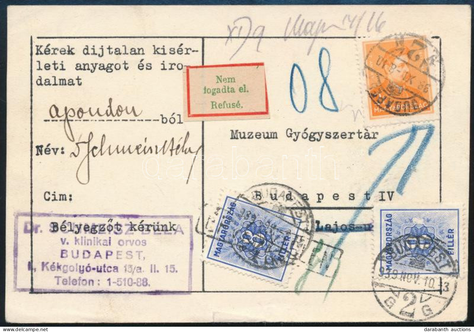 1939 Budapest Helyi Levelezőlaporvosi Nyomtatvány Arcképek 2f Bérmentesítéssel "Nem Fogadta El" Jelzéssel Visszaküldve 2 - Other & Unclassified