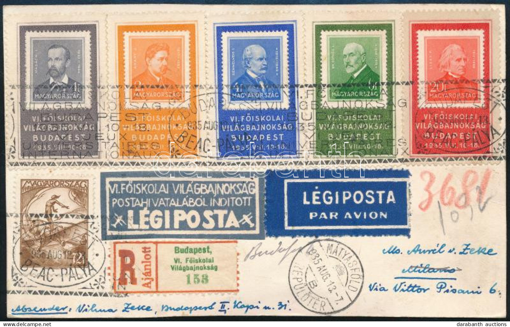 1935 Légiposta Ajánlott Levél Főiskolai Világbajnokság Alkalmi Bélyegzéssel "MÁTYÁSFÖLD / REPÜLŐTÉR" - "MILANO" Majd Onn - Autres & Non Classés