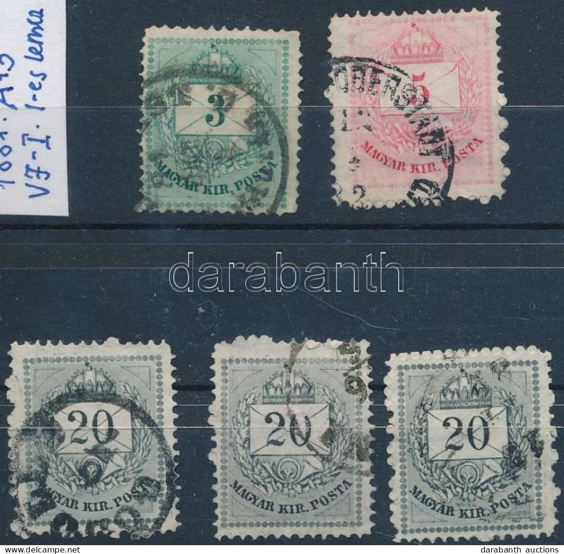 O 1881 5 Db Színesszámú Krajcáros 3kr, 5kr, 3x20kr Vízjel I., I. Lemez A 13 Fogazással, Bent Maradt Foglyukak (35.500) - Otros & Sin Clasificación