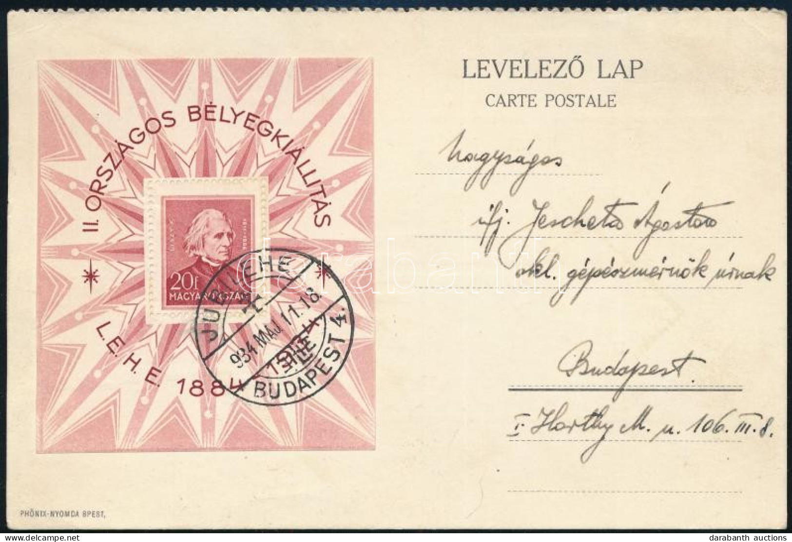 1934 LEHE Blokk Budapest Helyi Alkalmi Levelezőlapon "JUBILEHE / BUDAPEST" - Other & Unclassified