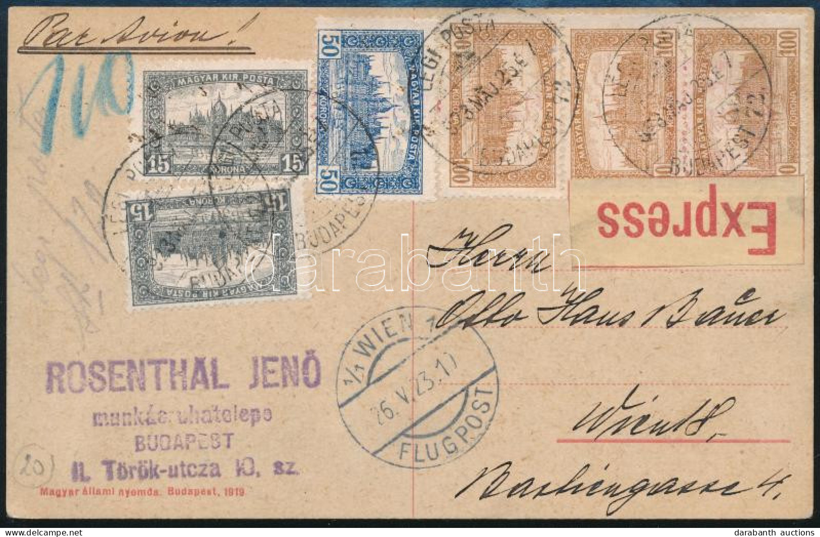 1923 Expressz Légi Levelezőlap 380K Parlament Bérmentesítéssel Bécsbe - Sonstige & Ohne Zuordnung