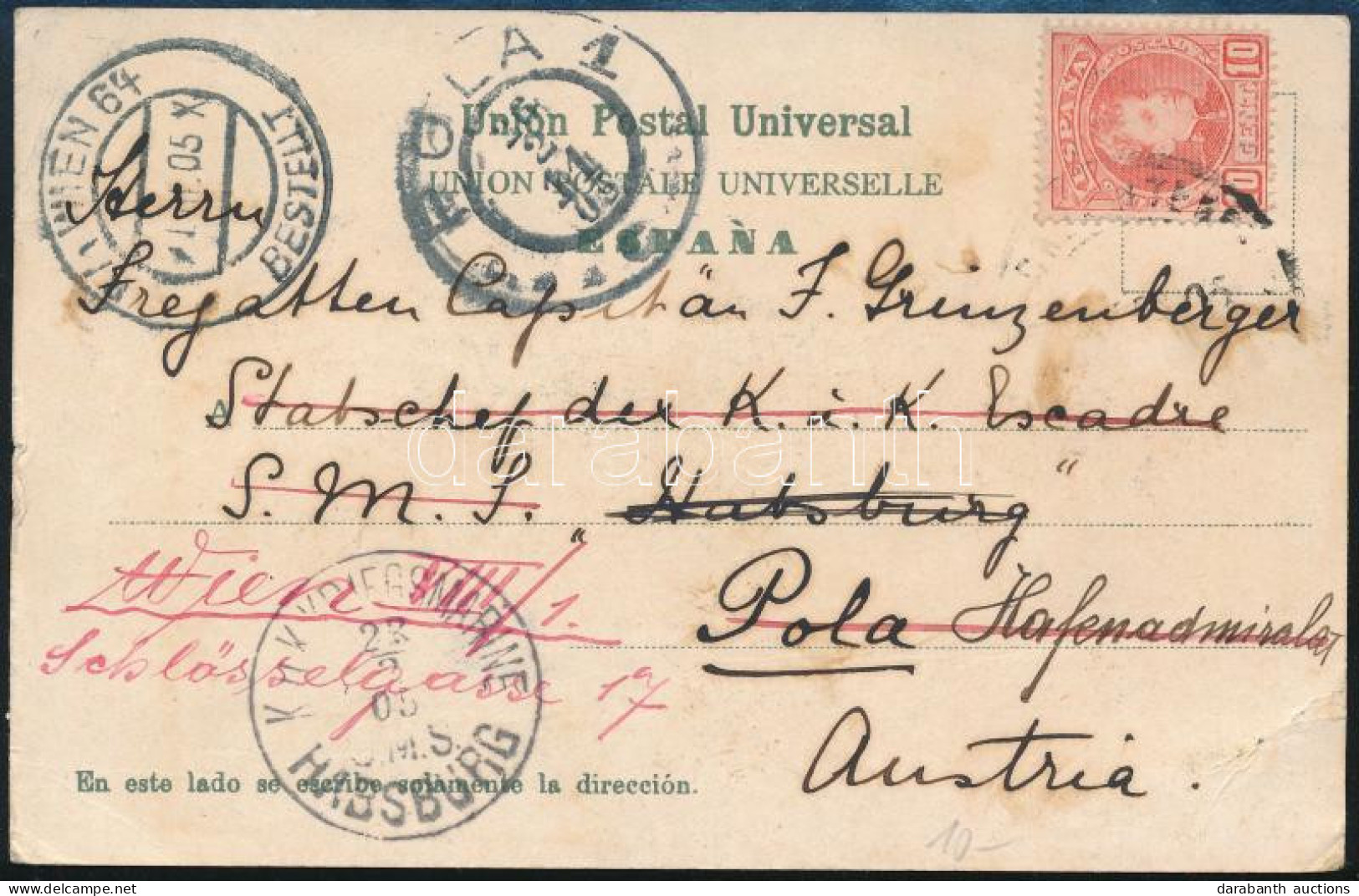 1909 Spanyol Képeslap 10 Cent Bérmentesítéssel "K.u.K. KRIEGSMARINE / S.M.S. HABSBURG" Hadihajóra Küldve Pola-ba, Majd T - Sonstige & Ohne Zuordnung