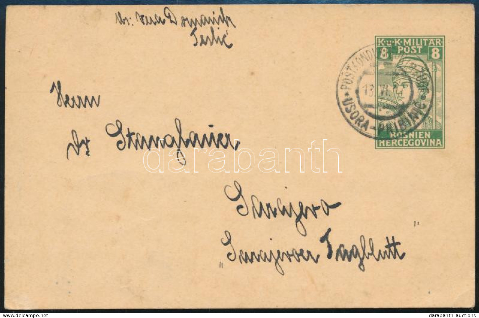 Bosznia-Hercegovina 1917 8 H Díjjegyes Levelezőlap Postakalauz Bélyegzéssel Szarajevóba Küldve - Other & Unclassified