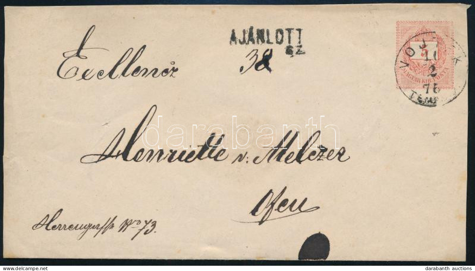 1875 Ajánlott 5kr Díjjegyes Levél Hátoldalán 10kr Díjkiegészítéssel "VOJTEK / TEMES M." (Gudlin 100 P) (kiállítási Célbó - Autres & Non Classés