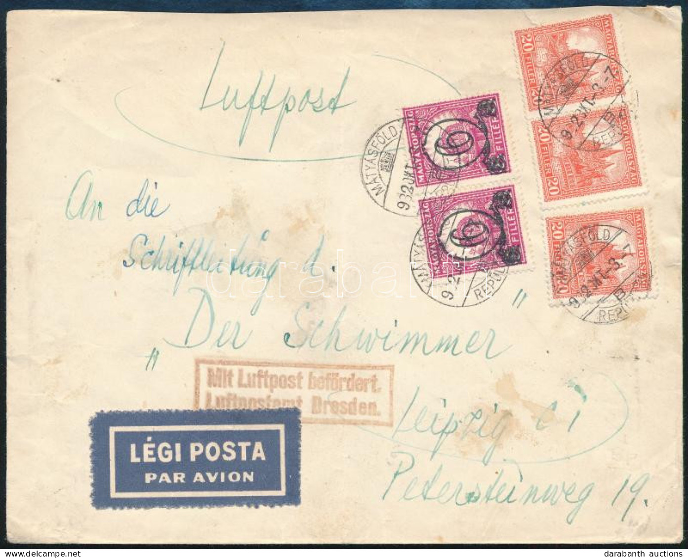 1932 Légi Levél "MÁTYÁSFÖLD / REPÜLŐTÉR" - Leizig - Other & Unclassified