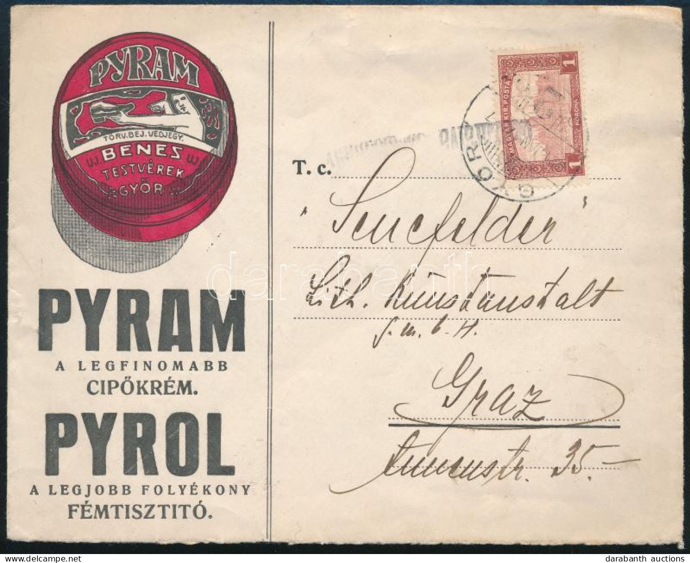 1921 Dekoratív Cenzúrázott Reklám Levél Parlament 1K Bérmentesítéssel "GYŐR" - Graz - Other & Unclassified