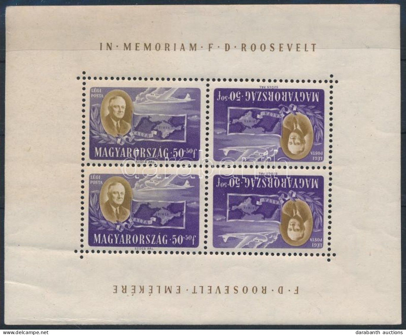 ** 1947 Roosevelt 50+50f Fordított Képállású Kisív (ráncok / Creases) (22.500) - Otros & Sin Clasificación