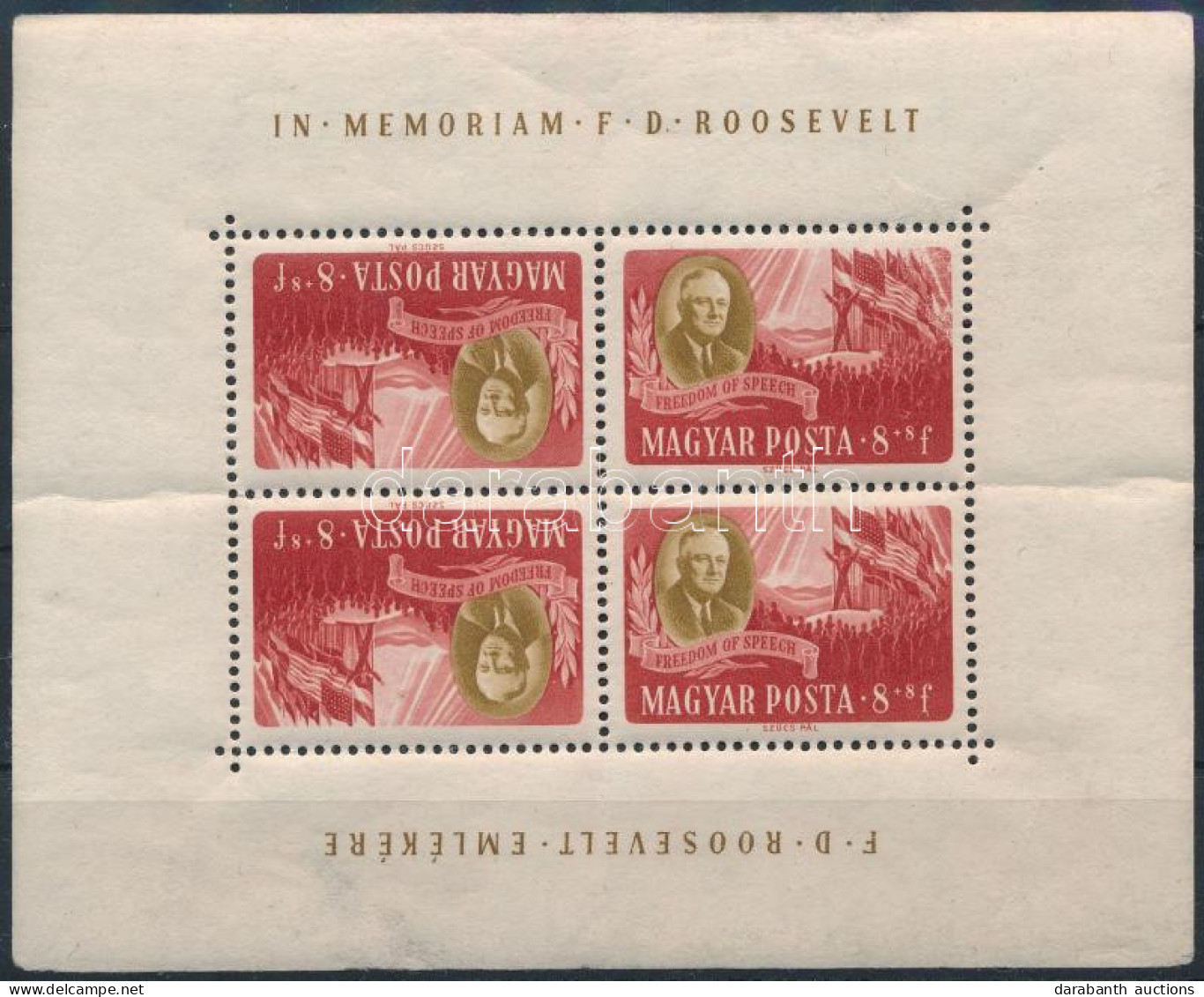 ** 1947 Roosevelt 8+8f Fordított Képállású Kisív (ráncok / Creases, Hajtott / Folded, Betapadás / Gum Disturbance) (22.5 - Sonstige & Ohne Zuordnung