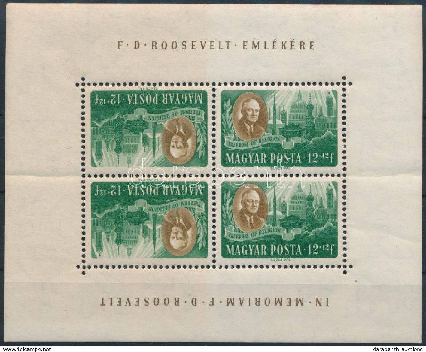 ** 1947 Roosevelt 12+12f Fordított Képállású Kisív (ráncok / Creases, Hajtott / Folded) (22.500) - Otros & Sin Clasificación