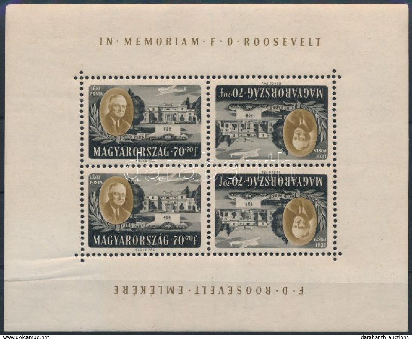 ** 1947 Roosevelt 70+70f Fordított Képállású Kisív (ráncok / Creases) (22.500) - Otros & Sin Clasificación