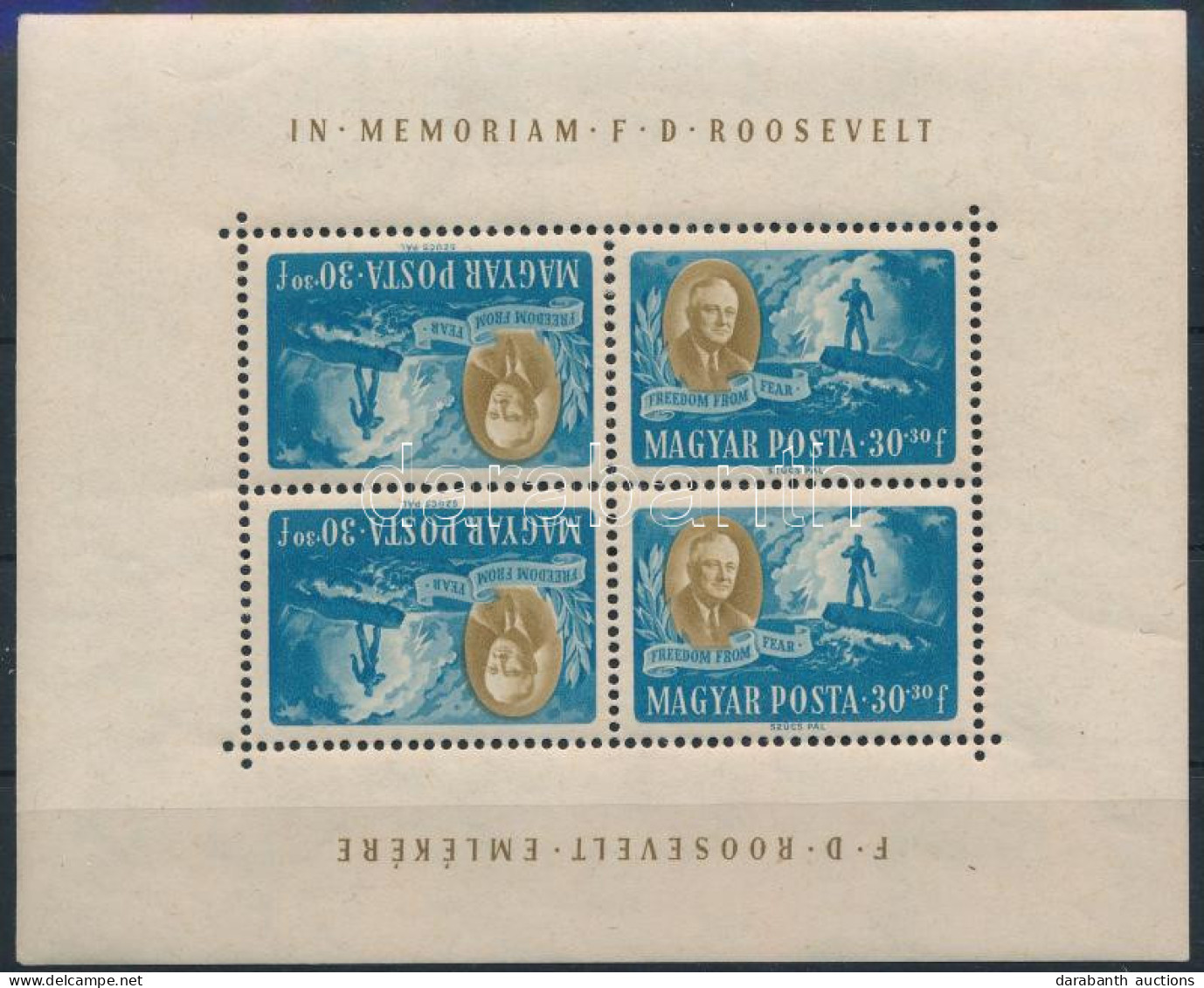 ** 1947 Roosevelt 30+30f Fordított Képállású Kisív (ráncok / Creases) (22.500) - Sonstige & Ohne Zuordnung