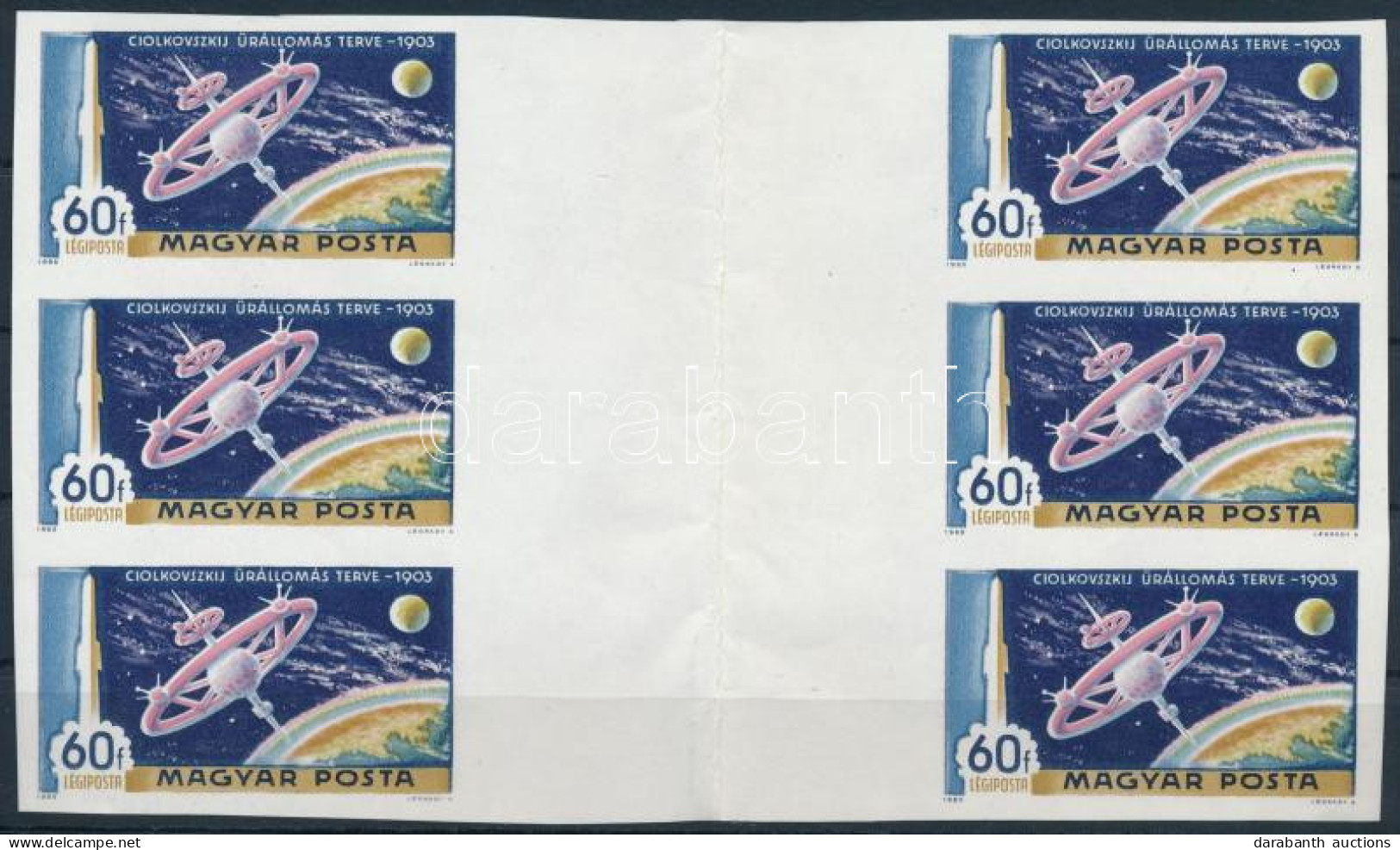 (*) 1969 A Hold Meghódítása 60f Vágott Gumi Nélküli ívközéprészes Hatostömb (középen Hajtott / Folded In The Middle) - Autres & Non Classés