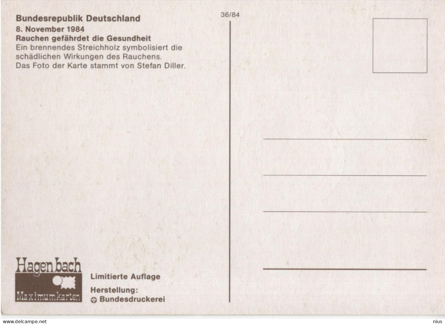 Germany Deutschland 1984 Maximum Card, Health & Medicine, Fight Against Smoking, Rauchen Schadet Der Gesundheit, Bonn - 1981-2000