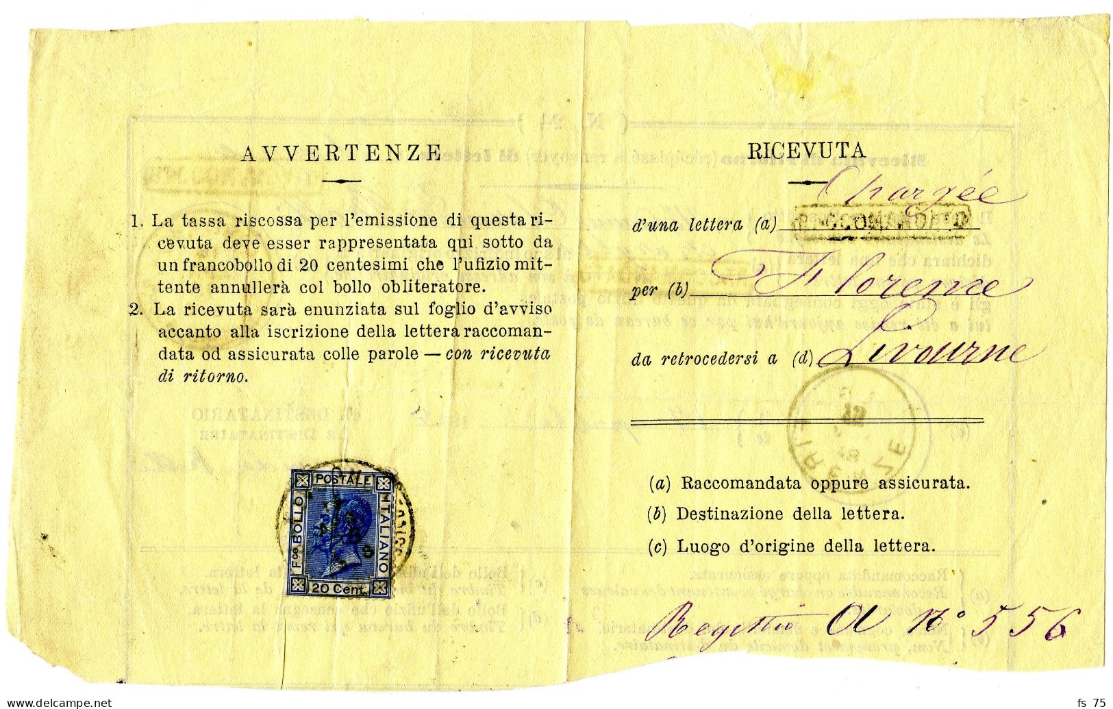 ITALIE - AVIS DE RECEPTION DE LIVORNO POUR FIRENZE, 1875 - Marcophilie