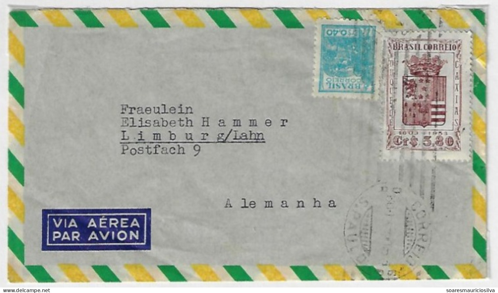 Brazil 1954 Cover From São Paulo To Limburg Germany Label 400 Years Of São Paulo 4 Stamp 150 Years Birth Duque De Caxias - Covers & Documents