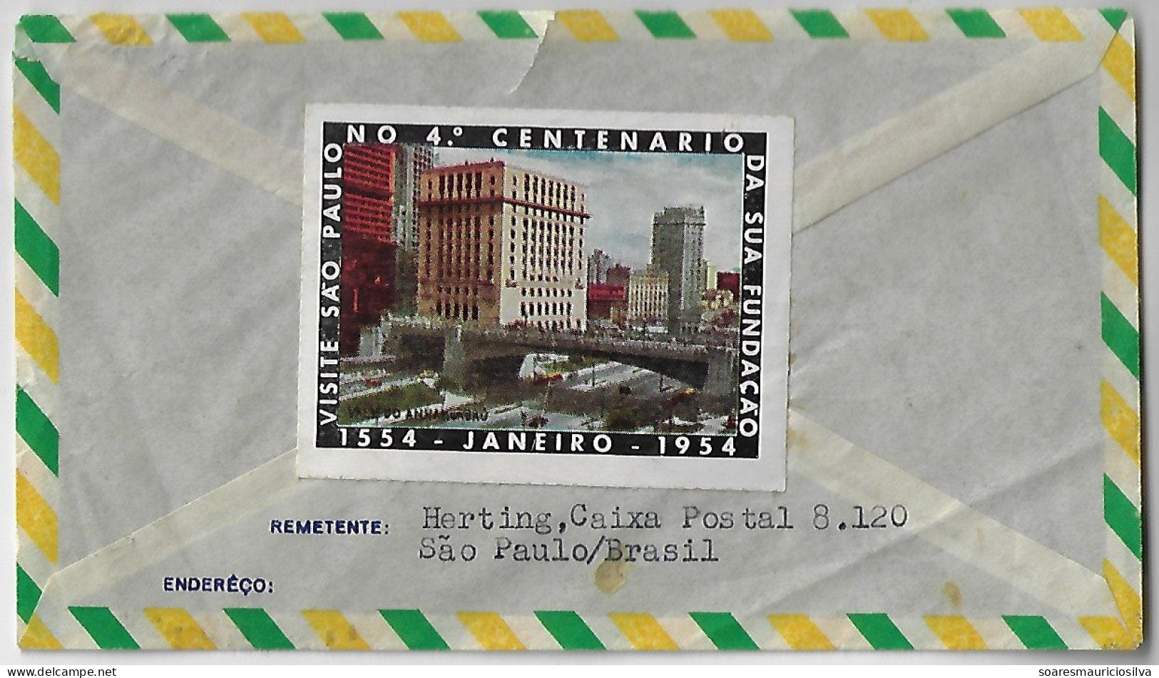 Brazil 1954 Cover From São Paulo To Limburg Germany Label 400 Years Of São Paulo 4 Stamp 150 Years Birth Duque De Caxias - Storia Postale